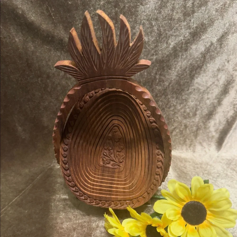Vintage Collapisble Wood Pineapple Shaped Basket Trivet Centerpiece